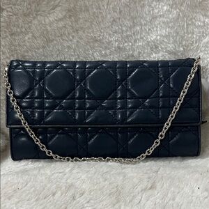 Authentic Christian Dior Elegant N Blue  Quilted Wallet on Chain